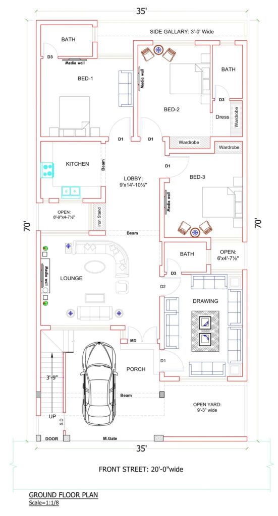 35x70 house plan with 3bhk + bath and wardrobe 10 Marla house 

#architecture
#house plan